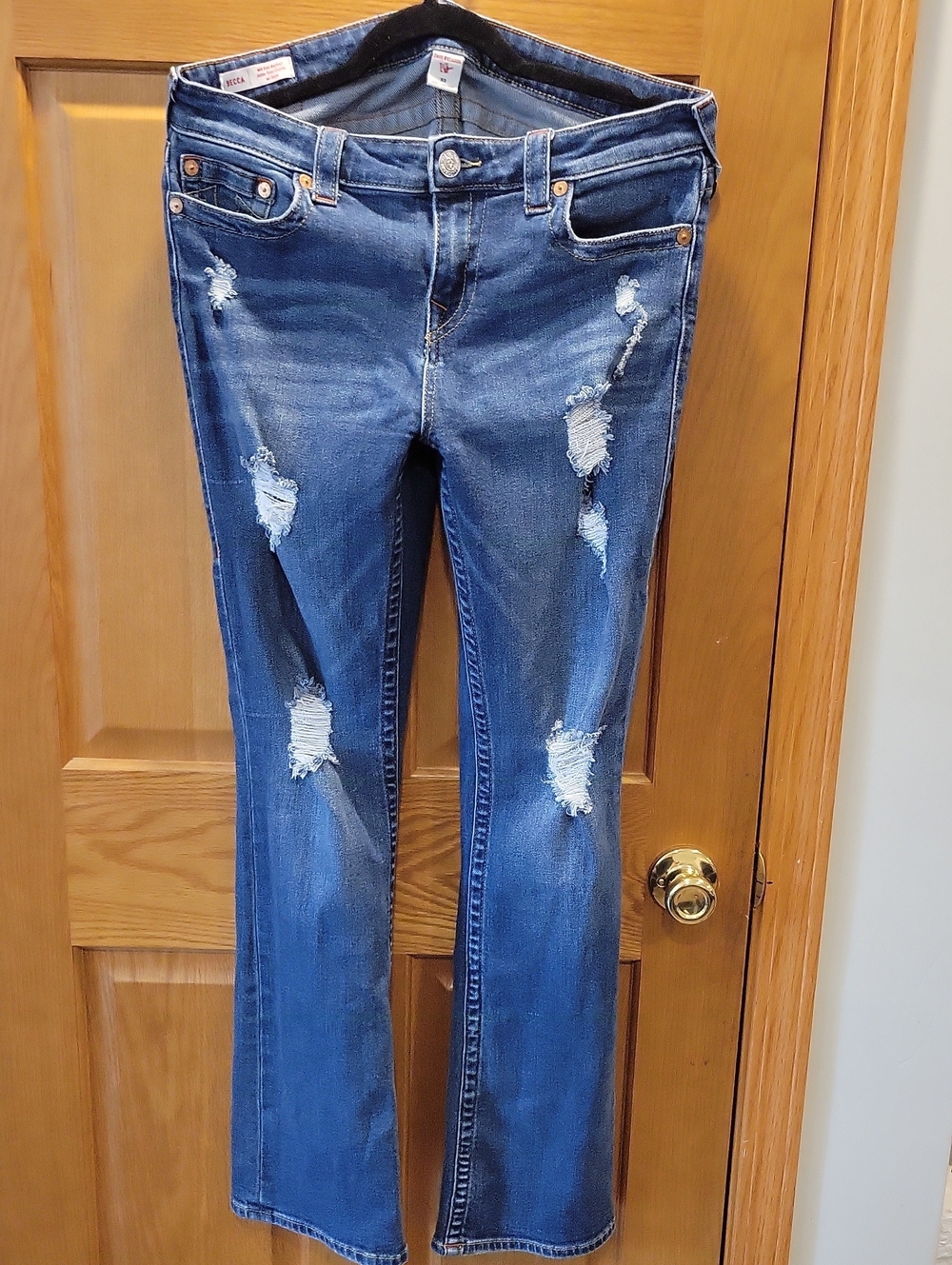 True Religion Distressed Dark Blue Flare Jeans